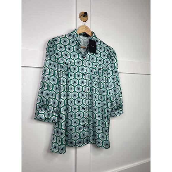 NWT Smythe 3/4 Sleeves Shirred Pocket Blouse Blue Green Floral Size: Small - Picture 3 of 7